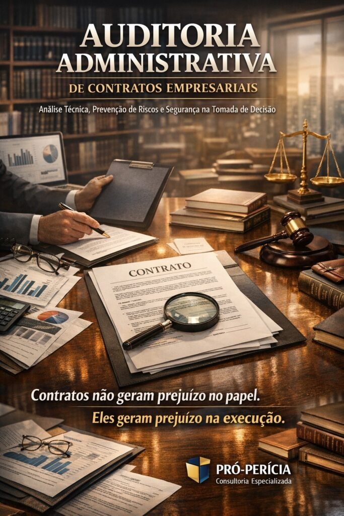 Imagem hiper-realista de uma mesa executiva com documentos contratuais, gráficos financeiros, lupa, martelo judicial e balança da justiça, representando a análise técnica de contratos empresariais pela Pró-Perícia.