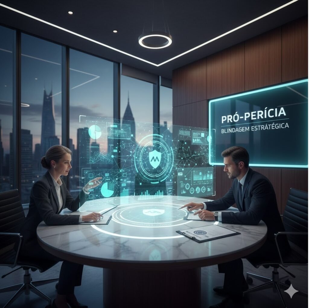 Ambiente de escritório luxuoso e minimalista com iluminação natural e vista urbana, representando a segurança e inteligência corporativa da Pró-Perícia em casos de concorrência desleal.
