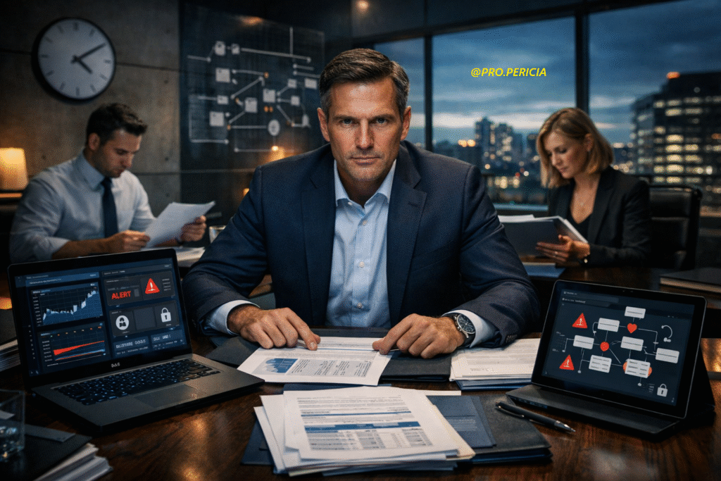 Administração investigativa empresarial com análise de fraudes, relatórios financeiros e produção de provas técnicas em ambiente corporativo seguro