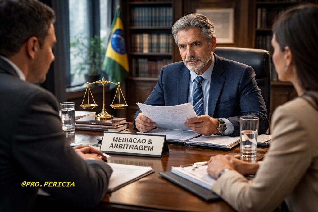 Sessão de mediação e arbitragem conduzida por perito administrador habilitado, com análise técnica de documentos e solução extrajudicial de conflitos patrimoniais.