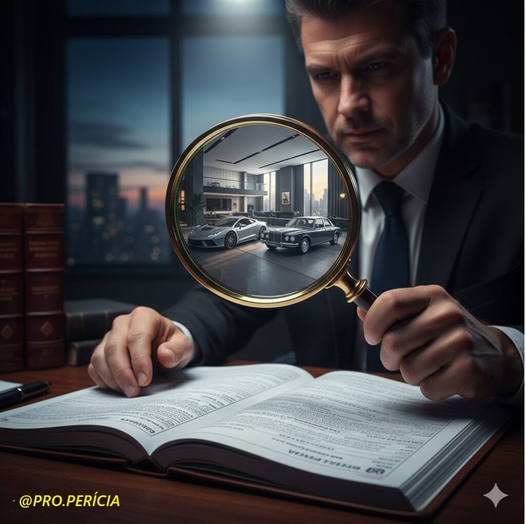 Perito judicial utilizando lupa para identificar ativos ocultos e fraudes patrimoniais em balanço empresarial durante processo de divórcio.