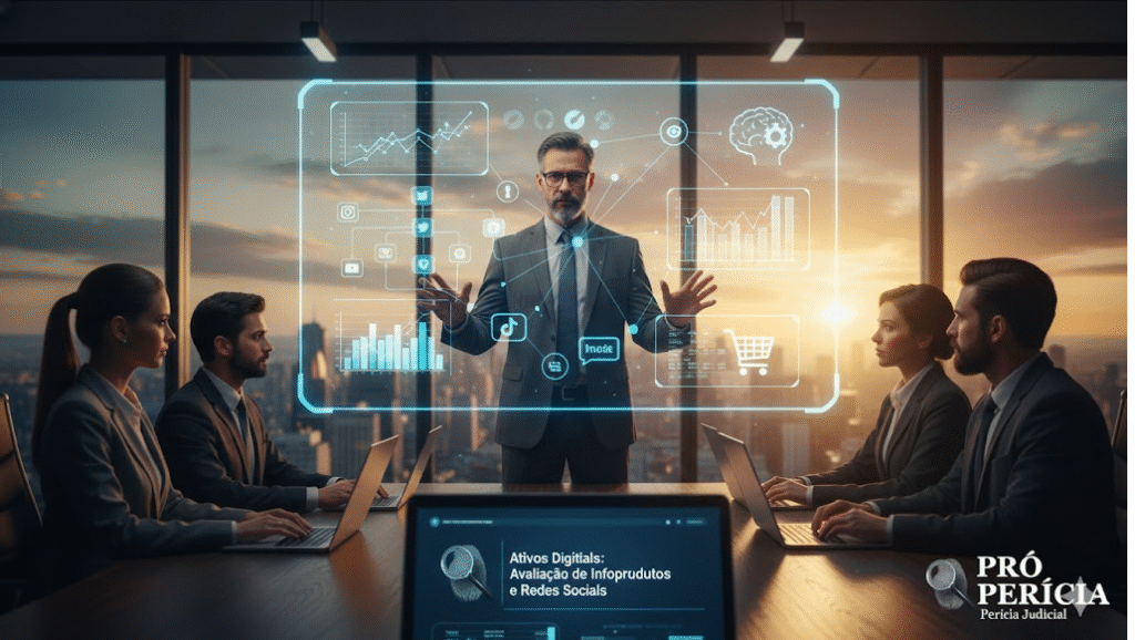 Perito administrador da Pró-Perícia analisando gráficos de ativos digitais e infoprodutos em interface holográfica durante reunião corporativa ao pôr do sol.