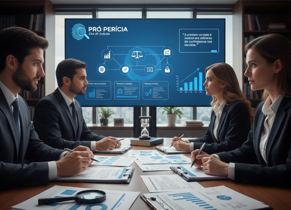 Imagem cinematográfica de um ambiente executivo focado em apuração de cotas sociais. Em destaque, um laudo pericial detalhado sobre uma mesa de madeira, acompanhado de uma calculadora financeira, caneta de luxo e documentos contábeis. Ao fundo, um escritório moderno que transmite transparência e segurança jurídica.