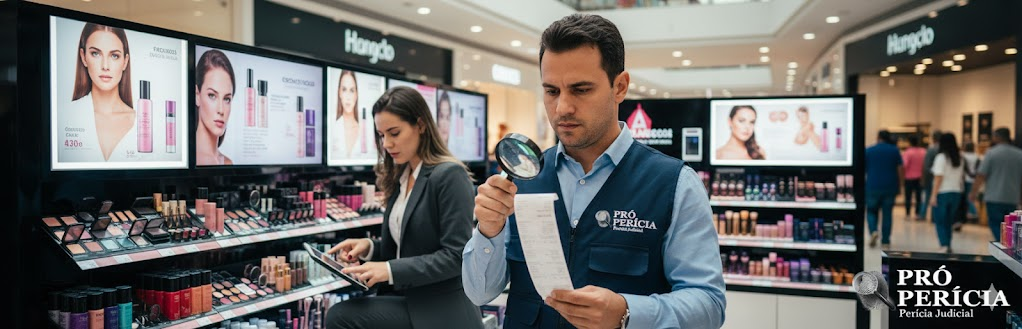 Perito judicial da Pró-Perícia usando colete azul e lupa para analisar extrato de vendas em quiosque de cosméticos de um shopping center, acompanhado por assistente técnica.
