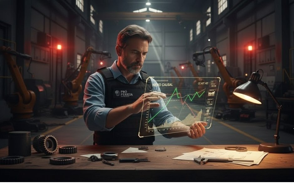 Perito judicial analisando gráfico de nexo causal e perdas financeiras em um ambiente industrial para cálculo de lucros cessantes.