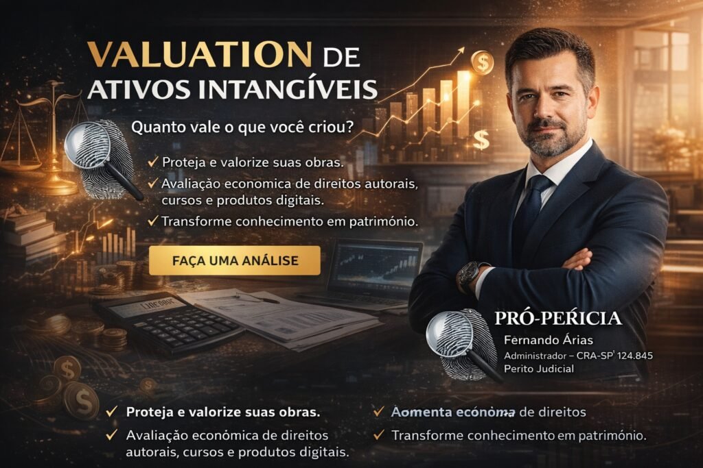 Imagem institucional da Pró-Perícia sobre Valuation de Ativos Intangíveis e Avaliação Econômica de Direitos Autorais, com Fernando Árias, Administrador e Perito Judicial, destacando proteção e valorização de obras intelectuais.