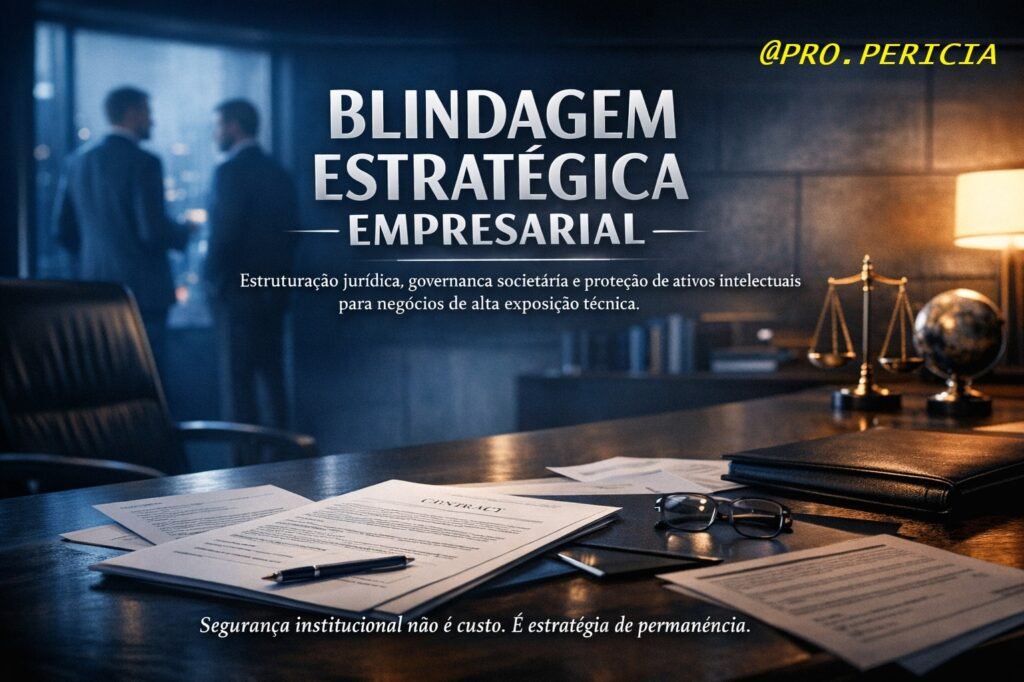 Blindagem estratégica empresarial com pré acordo societário, contrato sobre mesa executiva e símbolo da justiça representando governança corporativa e proteção patrimonial.