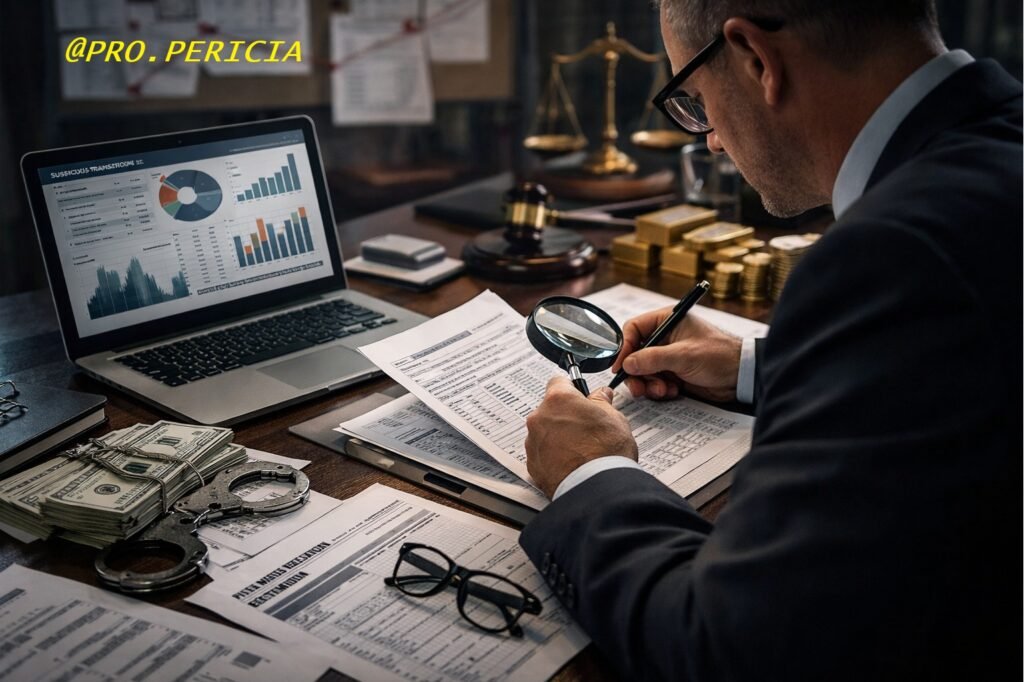 Perito judicial analisando documentos financeiros em investigação de crime financeiro e lavagem de dinheiro com gráficos e relatórios técnicos