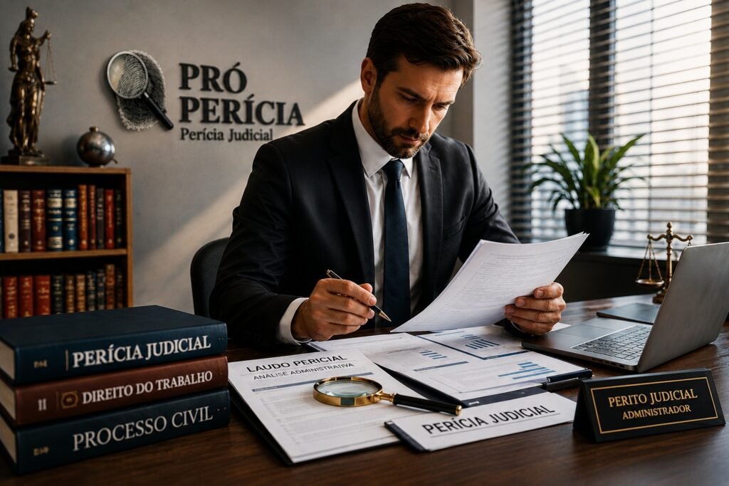 Perito judicial administrador analisando documentos e laudo pericial em escritório profissional da Pró-Perícia Judicial.